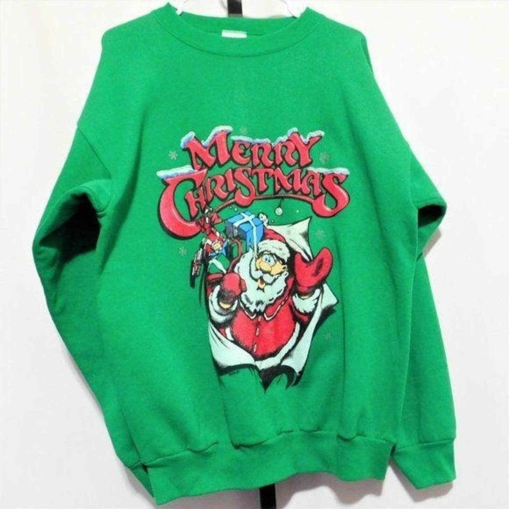 Vintage Christmas Sweatshirt XL Green Santa‎ Claus Tultex USA Crew Neck Holiday